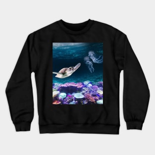 Sea Turtle swimming near Coral Reefs and Jellyfish Crewneck Sweatshirt